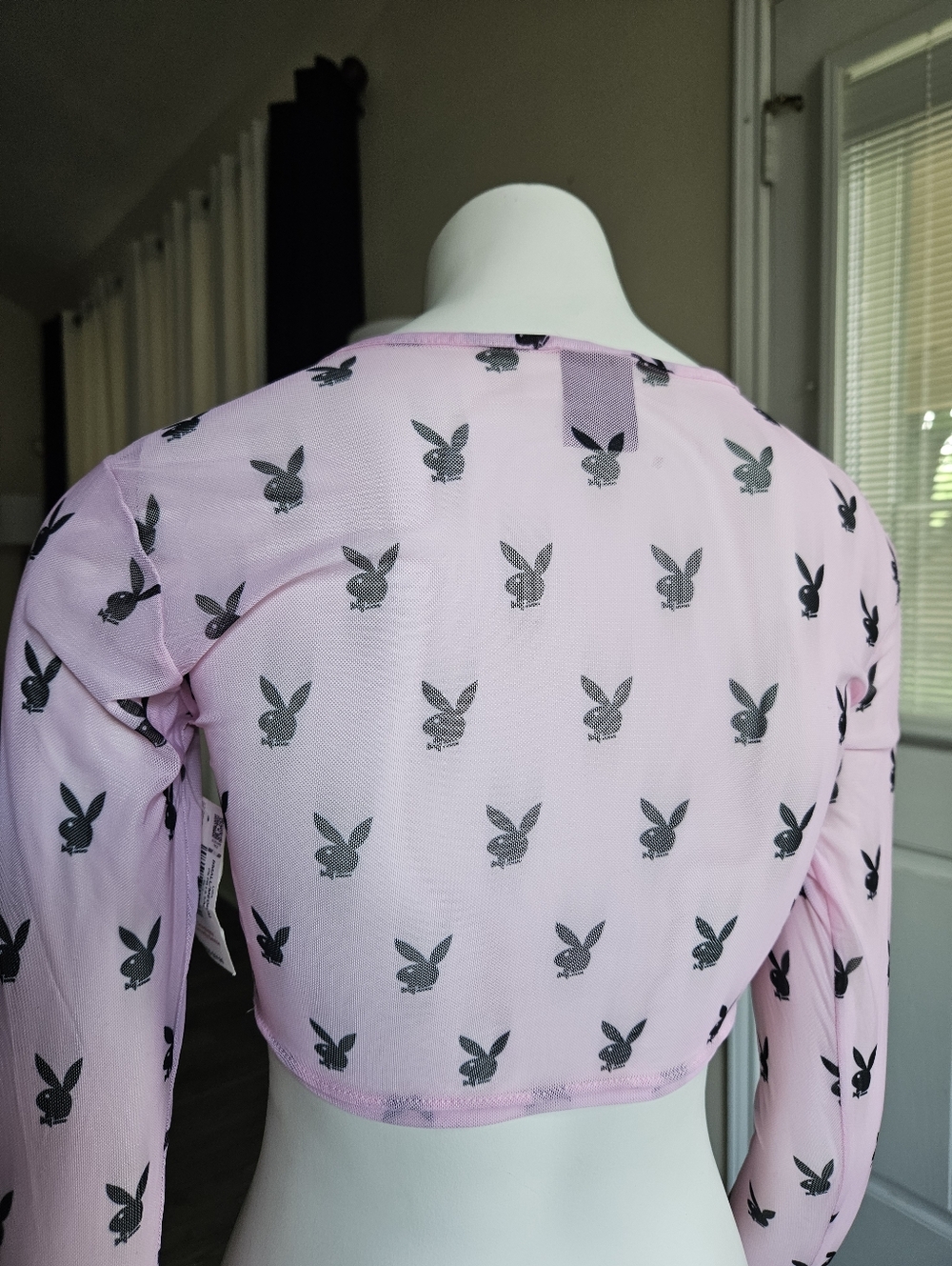 Playboy Pink Mesh Long Sleeve Crop Top Bunny Logo Size S/M, NWT - Picture 7 of 10